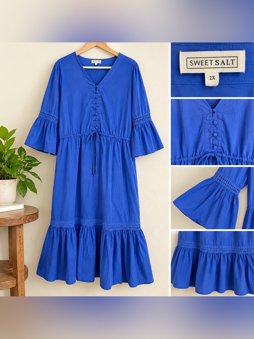 Sweet Salt Midi Dress Plus Size 2X Blue Ruffle Puff Sleeve Modest Easter XXL
